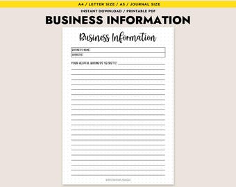 Business Information Printable Planner Insert PDF Small Business Organizer A4 A5 Letter Journal