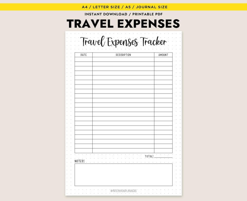 May include: Printable travel expenses tracker with columns for date, description, and amount. There is a section for notes and a total at the bottom.