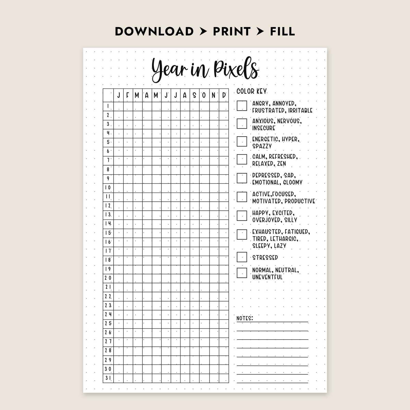 Year in Pixels Planner Page Printable Journal Page Daily Mod Tracker ...