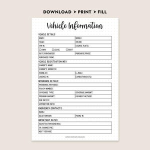 Vehicle Information Printable Car Maintenance Log Auto Organizer ...