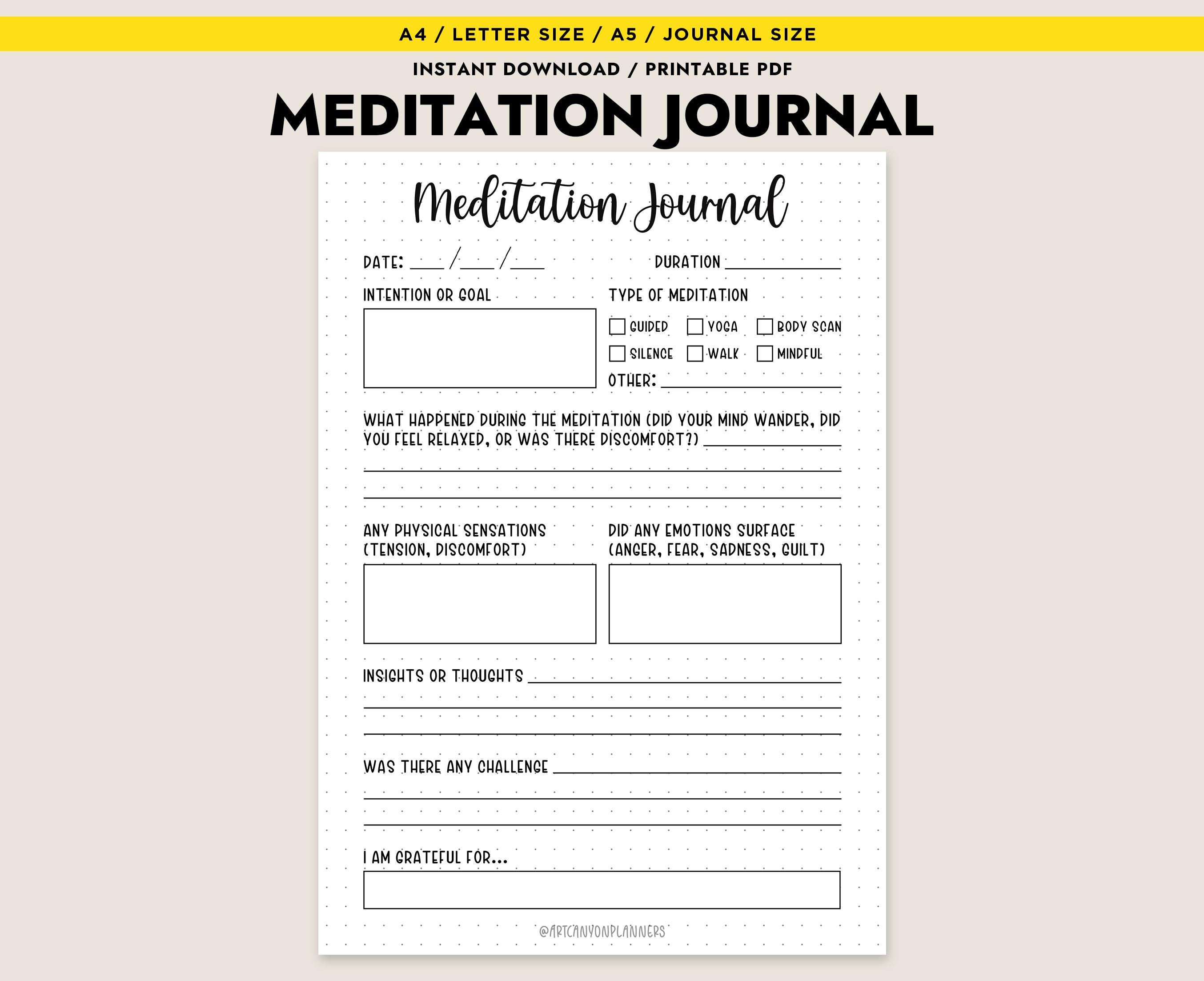 Meditation Journal Printable Mindfulness Log Daily Reflection A4 A5 Letter PDF Instant Download