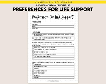Printable Life Support Preferences Form End of Life Planning Living Will Advance Directive PDF
