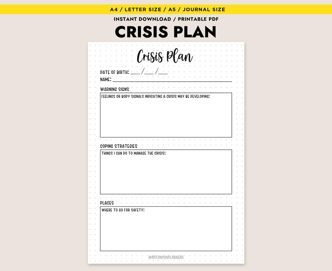 Crisis Plan Printable Mental Health Safety Plan Therapy Tool Anxiety ...
