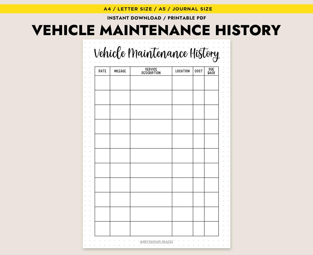 Vehicle Maintenance History Log Printable Car Care Journal Auto Service ...