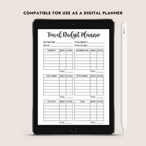 Op de afbeelding: Een zwart-witte digitale plannertemplate voor een reisbudget. De template bevat secties voor vervoer, accommodatie, eten en drinken, entertainment, activiteiten en andere uitgaven. De template heeft velden voor budget en werkelijke kosten.