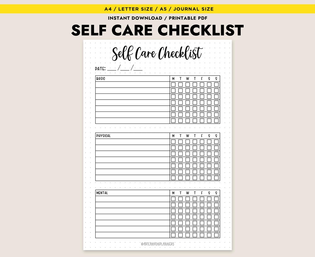 Self Care Checklist Printable Daily Wellness Planner Self-care Tracker ...
