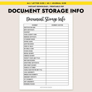 May include: A printable document storage info sheet with a cream background. The document includes a title and two columns labeled "Document" and "Document Location". The document lists various document types, such as birth certificates and passports.