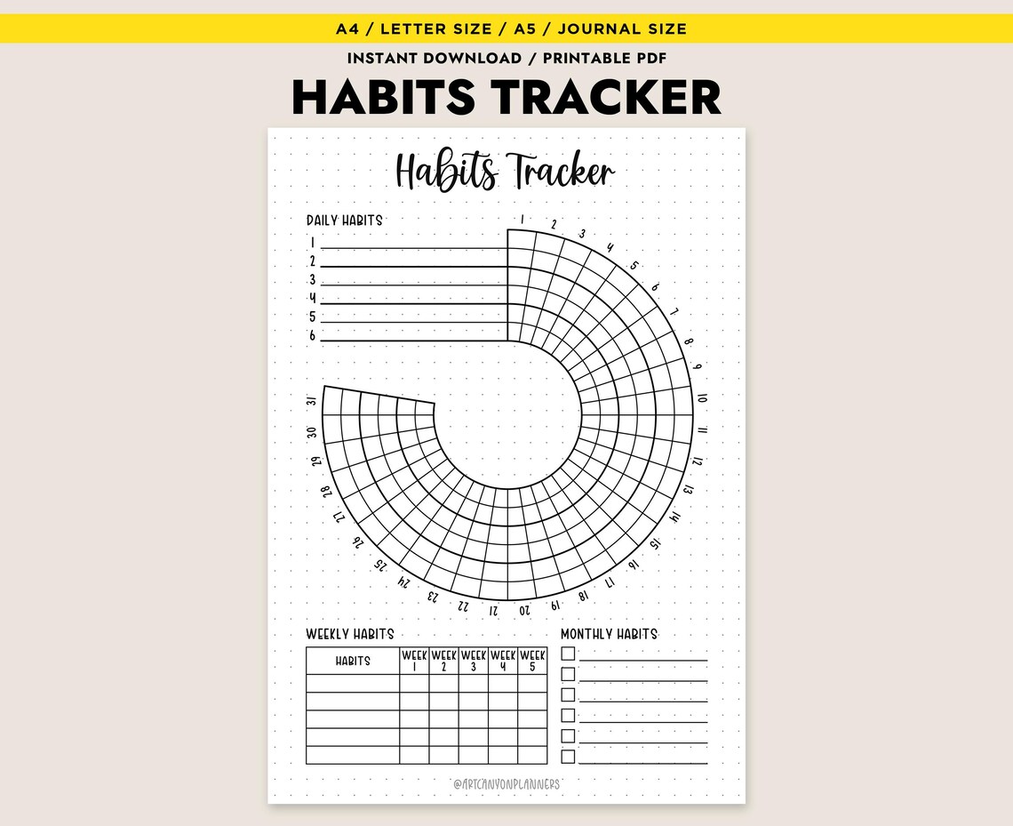 Habits Tracker Printable Monthly Daily Weekly Circle Log A4 A5 Letter ...