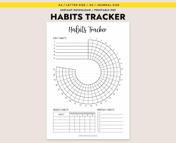 Habits Tracker Printable Monthly Daily Weekly Circle Log A4 A5 Letter PDF Instant Download Planner