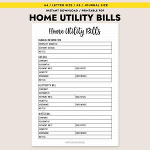 Könnte beinhalten: Ein druckbares PDF-Dokument mit dem Titel "HOME UTILITY BILLS" mit Abschnitten für allgemeine Informationen, Gas-, Strom- und Wasserrechnungen. Jeder Abschnitt enthält Felder für Unternehmen, Kontonummer, Zahlungsinformationen, Website, Benutzername und Notizen.
