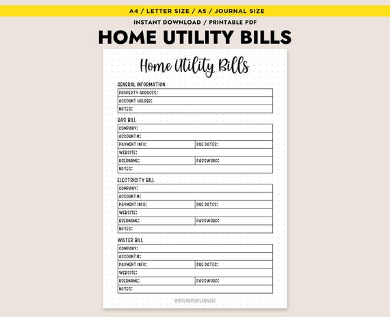Home Utility Bill Tracker Printable Bill Organizer Planner Insert A4 A5 Letter Instant Download PDF