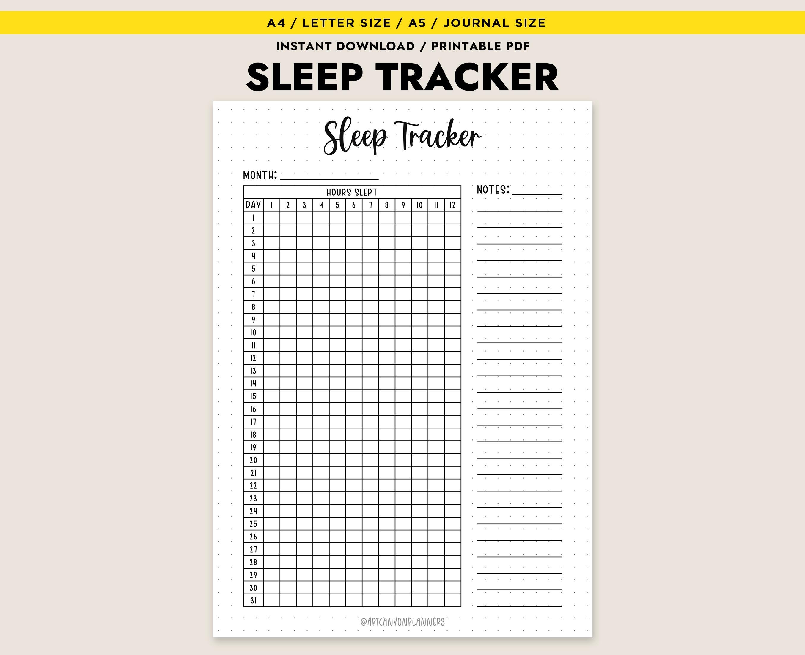 Sleep Tracker Printable Monthly Log Wellness Journal Insert A4 Letter ...