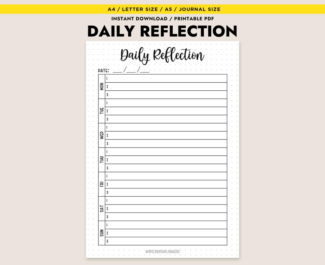 Daily Reflection Printable Weekly Journal Self Care Planner Insert A4 ...