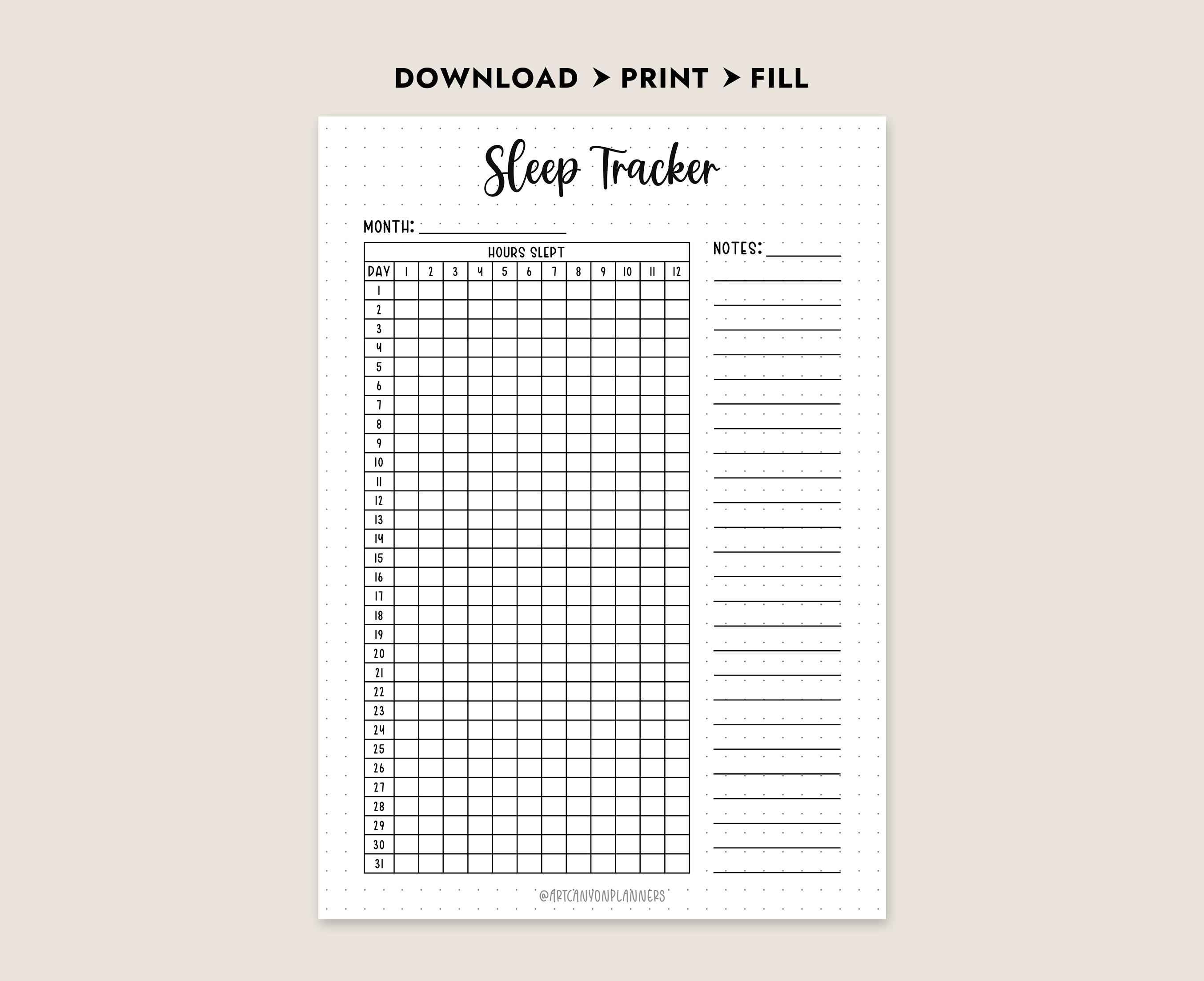 Sleep Tracker Printable Monthly Log Wellness Journal Insert A4 Letter ...