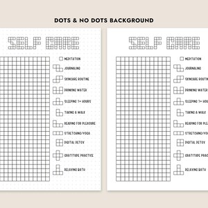 May include: A printable self-care checklist with a grid of squares. The checklist includes items like meditation, journaling, skincare routine, drinking water, sleeping 7+ hours, taking a walk, reading for pleasure, stretching/yoga, digital detox, gratitude practice, and relaxing bath.