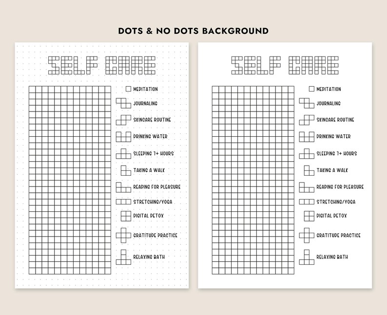 May include: A printable self-care checklist with a grid of squares. The checklist includes items like meditation, journaling, skincare routine, drinking water, sleeping 7+ hours, taking a walk, reading for pleasure, stretching/yoga, digital detox, gratitude practice, and relaxing bath.
