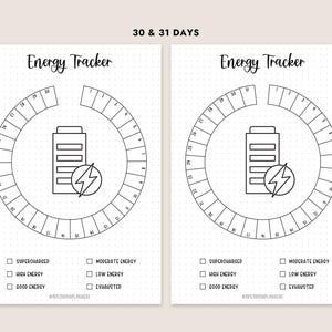 Może przedstawiać: Dwa arkusze do śledzenia energii do wydrukowania. Każdy arkusz ma okrągły kształt z numerami na 30 i 31 dni. Grafika baterii z błyskawicą znajduje się na środku. Poniżej znajdują się pola wyboru poziom&oacute;w energii. Tekst brzmi "Energy Tracker".