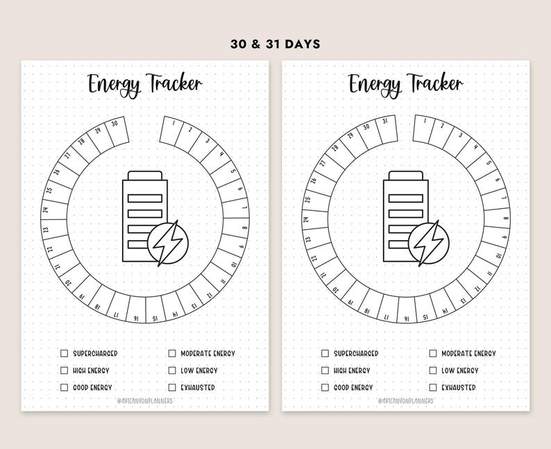 Może przedstawiać: Dwa arkusze do śledzenia energii do wydrukowania. Każdy arkusz ma okrągły kształt z numerami na 30 i 31 dni. Grafika baterii z błyskawicą znajduje się na środku. Poniżej znajdują się pola wyboru poziom&oacute;w energii. Tekst brzmi "Energy Tracker".