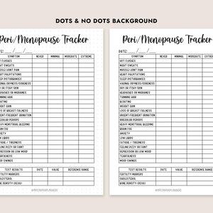 Op de afbeelding: Twee afdrukbare Peri/Menopauze Tracker vellen, &eacute;&eacute;n met stippen en &eacute;&eacute;n zonder. Elk vel heeft een kop en secties om symptomen bij te houden zoals opvliegers, nachtelijk zweten en stemmingswisselingen. Bevat ruimte voor testresultaten en data.