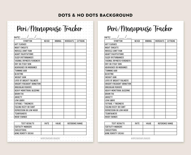 Op de afbeelding: Twee afdrukbare Peri/Menopauze Tracker vellen, &eacute;&eacute;n met stippen en &eacute;&eacute;n zonder. Elk vel heeft een kop en secties om symptomen bij te houden zoals opvliegers, nachtelijk zweten en stemmingswisselingen. Bevat ruimte voor testresultaten en data.