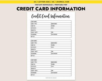 Credit Card Information Tracker Printable Finance Planner Insert Password Log A4 A5 Letter