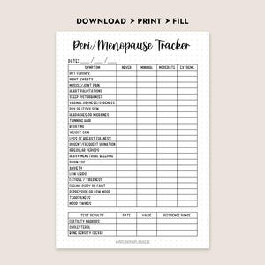 Op de afbeelding: Een afdrukbare Peri/Menopauze Tracker met een gestippelde achtergrond. De tracker bevat secties voor symptomen zoals opvliegers, nachtzweten en stemmingswisselingen. Het heeft ook secties voor testresultaten, datum, waarde en referentiebereik. De tekst "DOWNLOAD > PRINT > FILL" staat bovenaan.