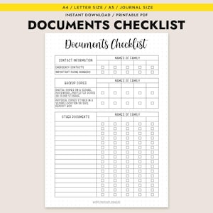 May include: A printable documents checklist with the title "Documents Checklist" in a handwritten font. The checklist includes sections for contact information, backup copies, and other documents, with checkboxes for each item. The document is designed for A4, A5, and journal sizes.