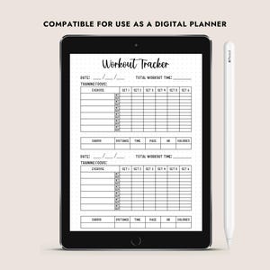 May include: A digital planner template for tracking workouts. The template includes sections for date, training focus, exercise, sets, cardio, distance, time, pace, and calories burned. The template is compatible for use as a digital planner.