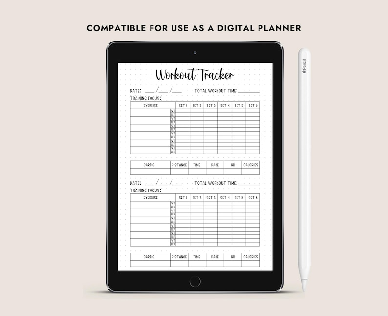 May include: A digital planner template for tracking workouts. The template includes sections for date, training focus, exercise, sets, cardio, distance, time, pace, and calories burned. The template is compatible for use as a digital planner.