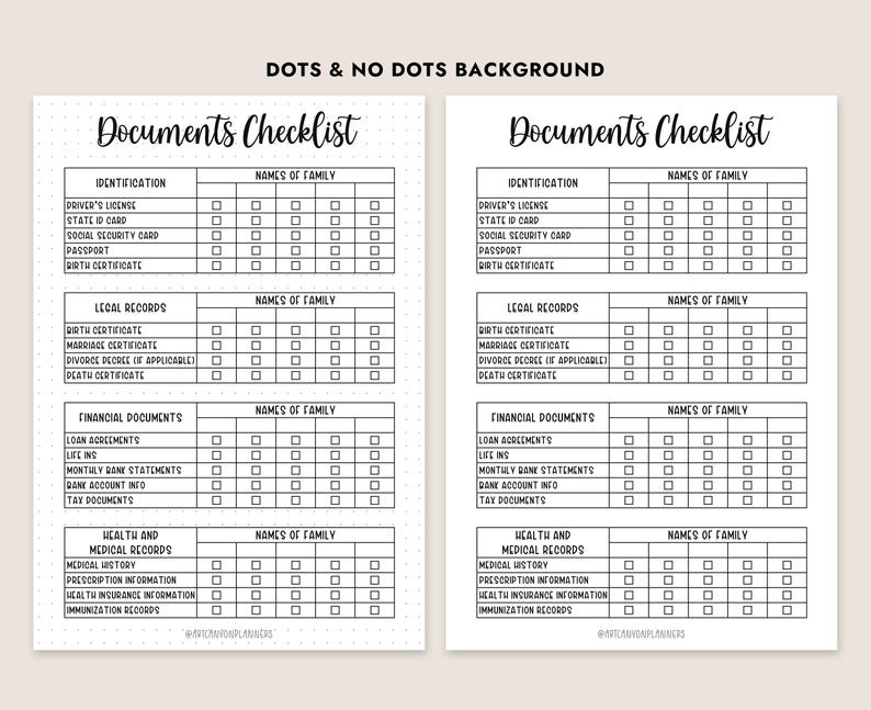 Printable Documents Checklist Important Family Papers Organizer Planner ...