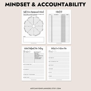 May include: Four printable planner pages with the headings "Mindset & Accountability", "Self Care Assessment Wheel", "I Did It!", "What Helped Me Today", and "Notes For Future Me". The pages are white with black text and graphics.