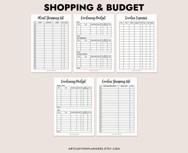 Pu&ograve; includere: Un insieme di pagine di pianificazione stampabili in bianco e nero, con titoli come "Plant Shopping List", "Gardening Budget" e "Garden Expenses". Il nome del negozio Etsy &egrave; in basso.