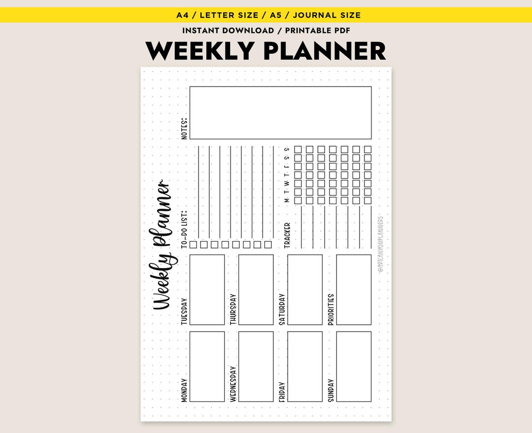 Weekly Planner Printable Undated A4 A5 Letter Journal Size Instant ...