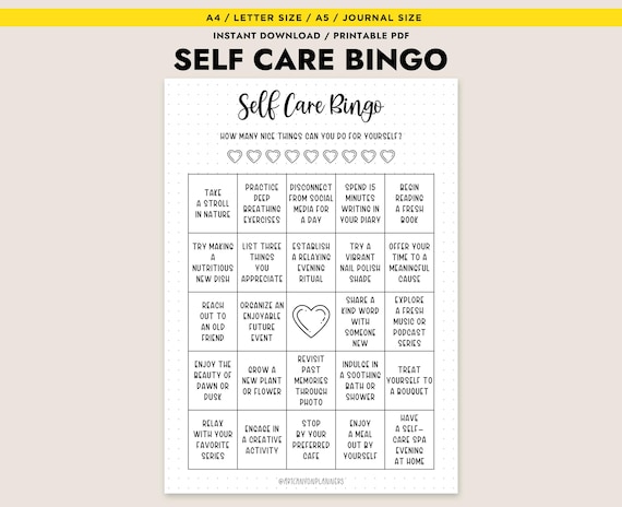 Printable Self Care Bingo Fun Wellness Challenge Mental Health Activity PDF A4 A5 Letter Instant Download