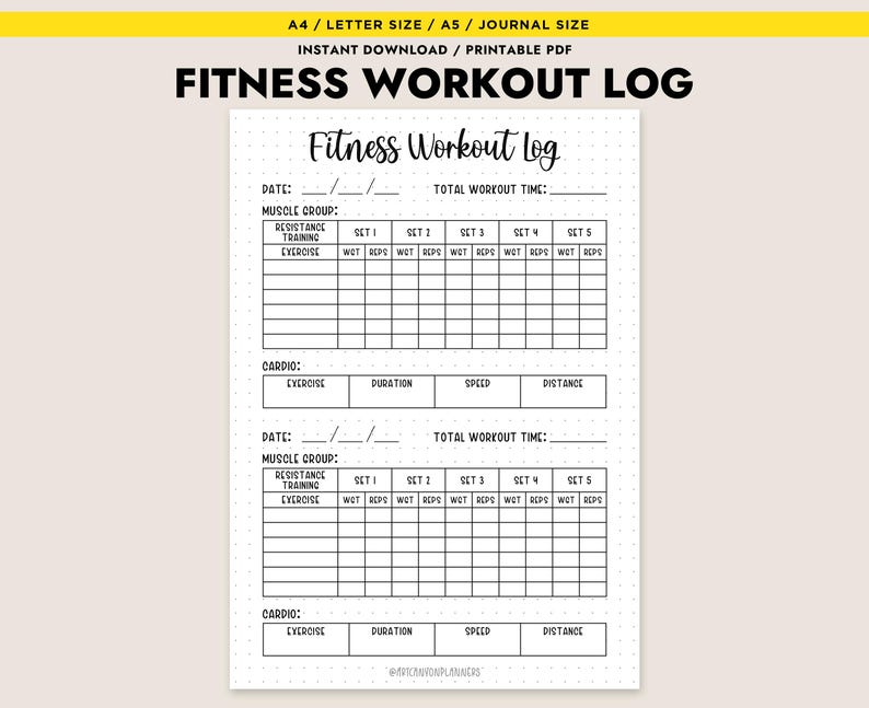 Fitness Workout Log Printable Resistance Cardio Tracker A4 A5 Letter ...