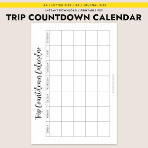 Könnte beinhalten: Druckbarer Reise-Countdown-Kalender mit einem Rasterlayout und beschrifteten Wochentagen. Der Kalender ist für die Papierformate A4 oder A5 ausgelegt.