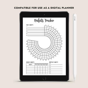 Pu&ograve; includere: Un modello di planner digitale in bianco e nero per tenere traccia delle abitudini. Il modello include sezioni per le abitudini quotidiane, settimanali e mensili. Il tracker delle abitudini quotidiane &egrave; un grafico circolare con 31 sezioni. I tracker delle abitudini settimanali e mensili sono griglie.