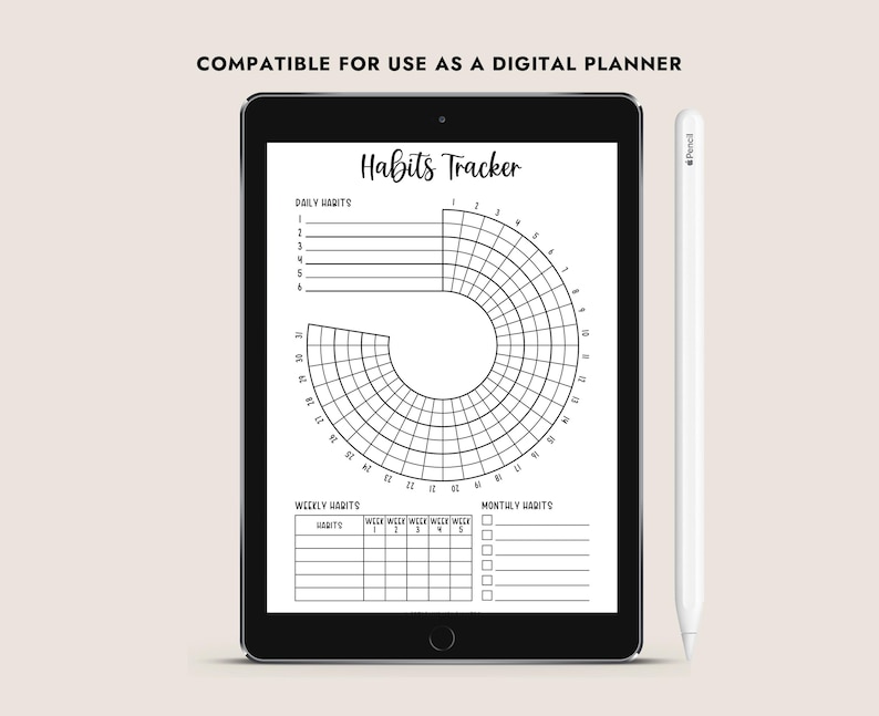 Pu&ograve; includere: Un modello di planner digitale in bianco e nero per tenere traccia delle abitudini. Il modello include sezioni per le abitudini quotidiane, settimanali e mensili. Il tracker delle abitudini quotidiane &egrave; un grafico circolare con 31 sezioni. I tracker delle abitudini settimanali e mensili sono griglie.