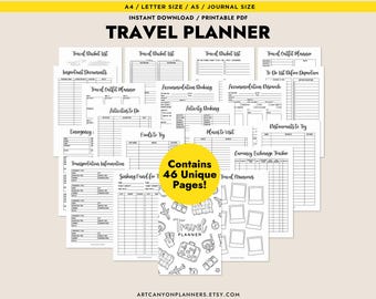 May include: A black and white printable travel planner with 46 pages. The planner includes sections for packing lists, travel outfit planning, accommodation booking, activity booking, places to visit, restaurants to try, emergency information, transportation information, currency exchange tracker, and travel memories. The planner also includes a section for a sinking fund for the trip.
