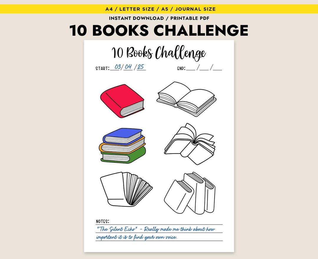 10 Books Challenge Reading Tracker Printable Journal Page Planner Book ...