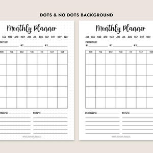 May include: Two monthly planner pages with the text "Monthly Planner" at the top. The pages have a calendar grid, space for priorities, reminders, and notes. One page has a dotted background, the other is plain.