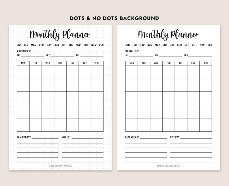 May include: Two monthly planner pages with the text "Monthly Planner" at the top. The pages have a calendar grid, space for priorities, reminders, and notes. One page has a dotted background, the other is plain.