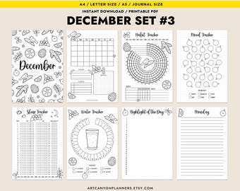 May include: A set of printable PDF journal pages with a December theme. The pages include a monthly calendar, habit tracker, mood tracker, sleep tracker, water tracker, and a page for daily highlights. The pages are black and white with decorative illustrations.