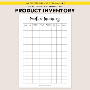 Könnte beinhalten: Ein druckbares Produktinventarblatt mit Rasterlayout zur Verfolgung von Produktdetails. Das Blatt enthält Spalten für Datum, Code, Produktname, Menge auf Lager und mehr. Der Titel "PRODUCT INVENTORY" wird oben angezeigt.