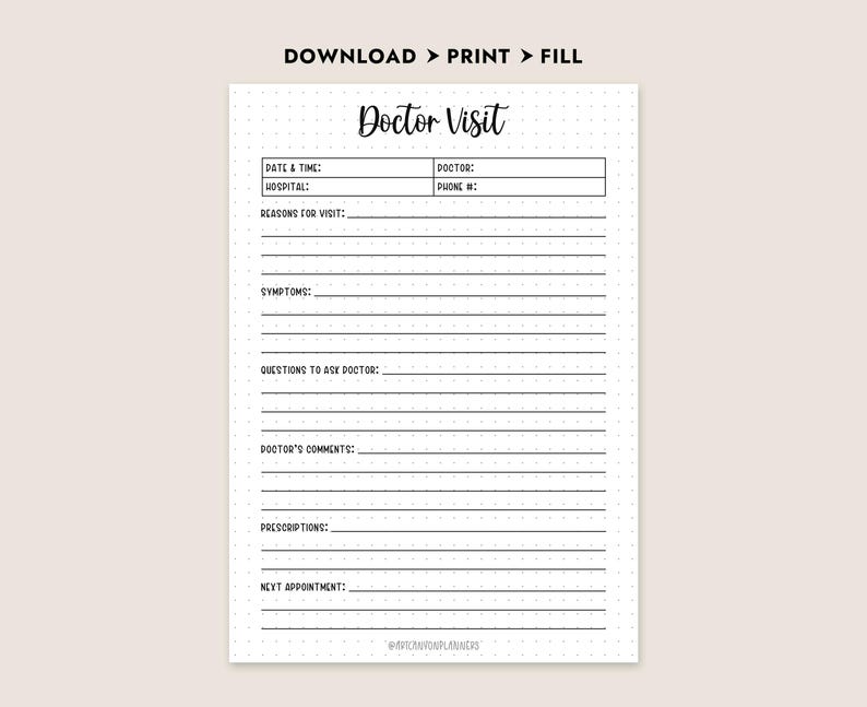 Printable Doctor Visit Planner Medical Appointment Tracker Health Log ...