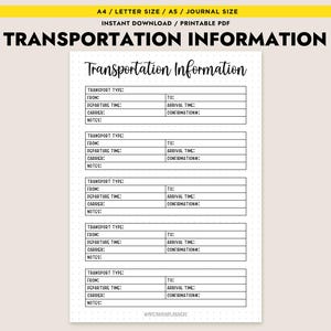 Registro de información de transporte imprimible, planificador de viajes, detalles de vuelo, descarga instantánea, PDF, tamaño A4, tamaño A5, diario de cartas.