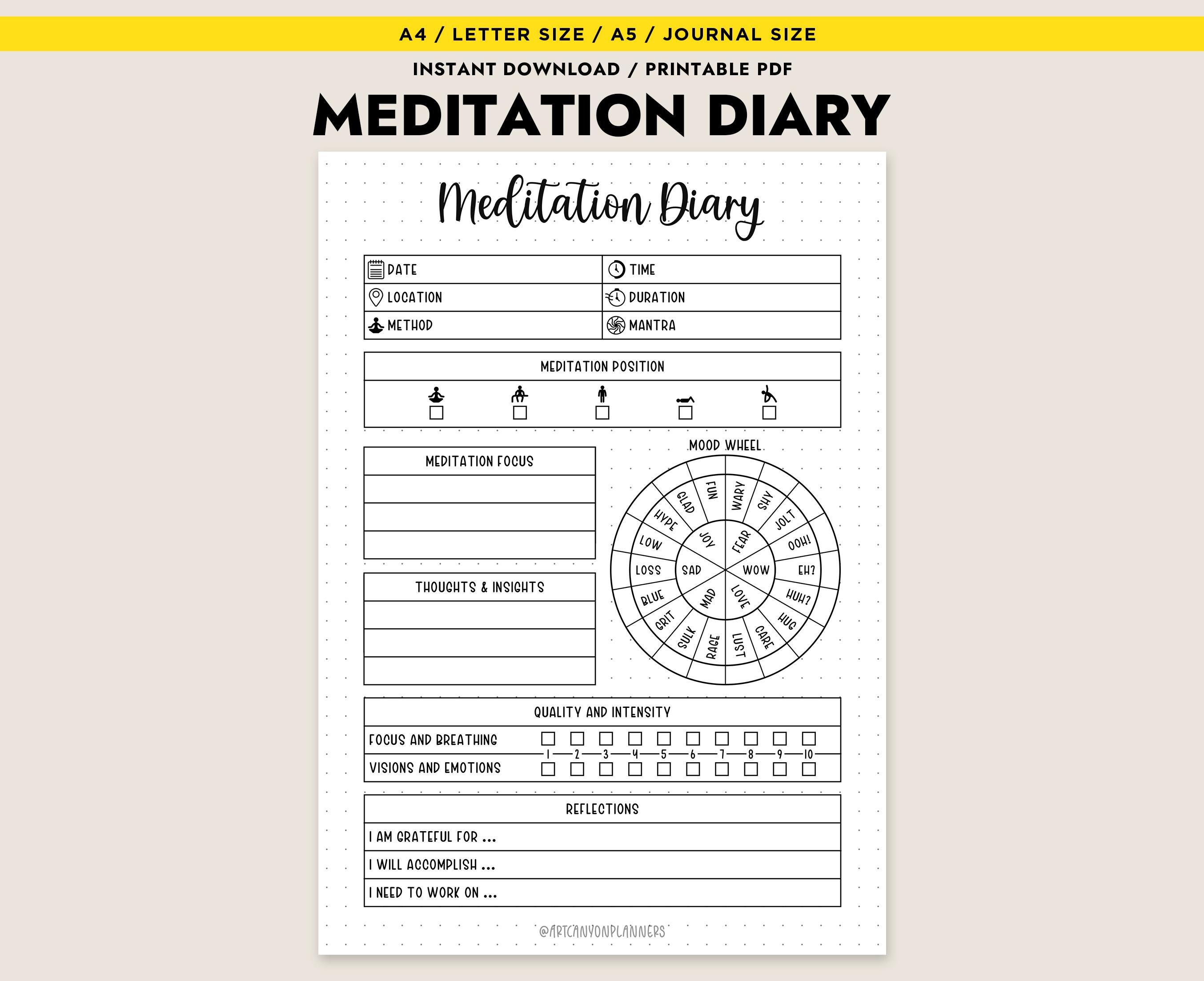 Meditation Diary Printable Mindfulness Log Mood Wheel Journal A4 A5 ...