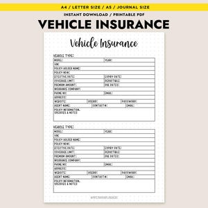Vehicle Insurance Planner Printable Car Insurance Log A4 A5 Letter Instant Download PDF Auto Tracker