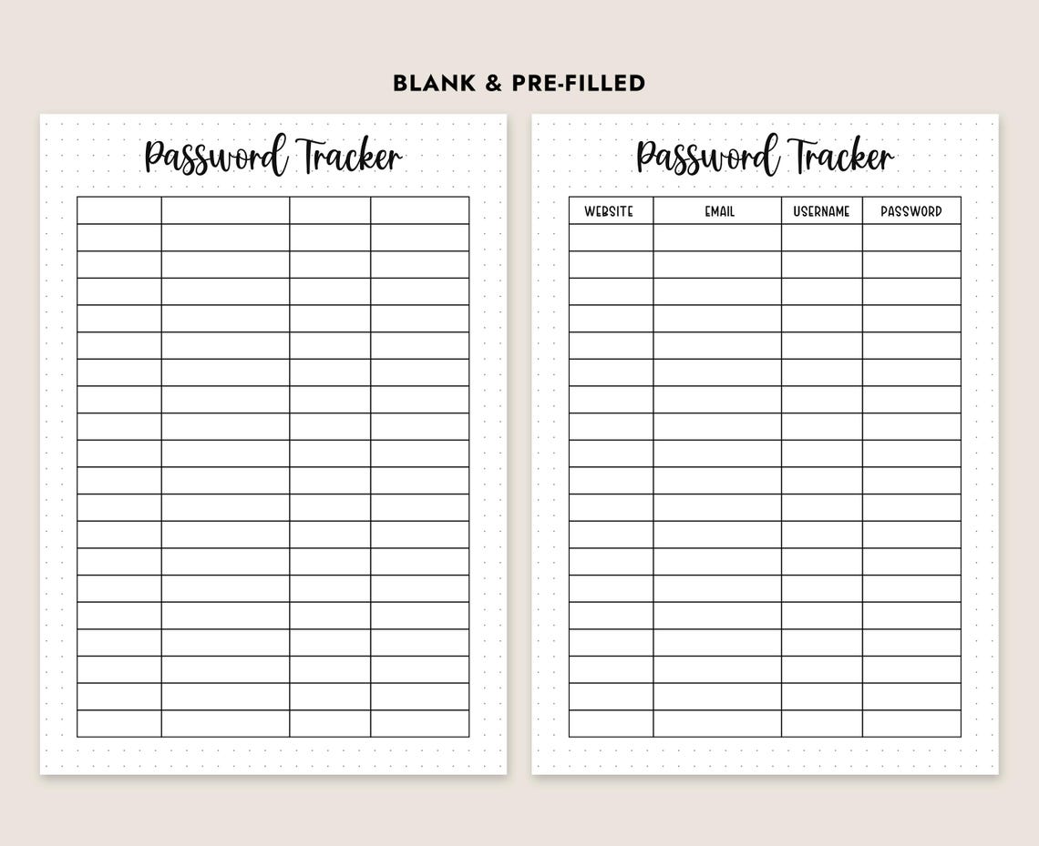 Password Tracker Printable Planner Insert Login Keeper A4 A5 Letter ...