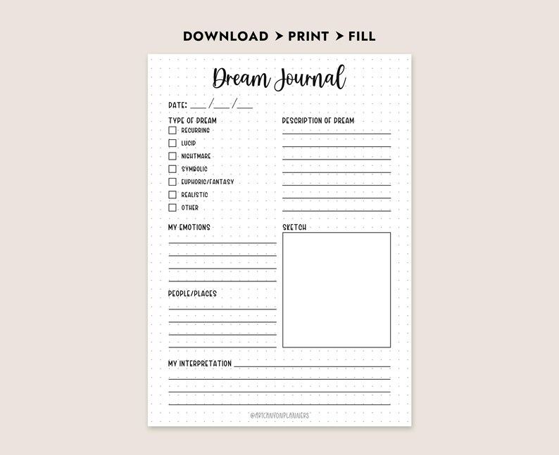 Printable Dream Journal Page Log Template PDF Instant Download Sleep ...